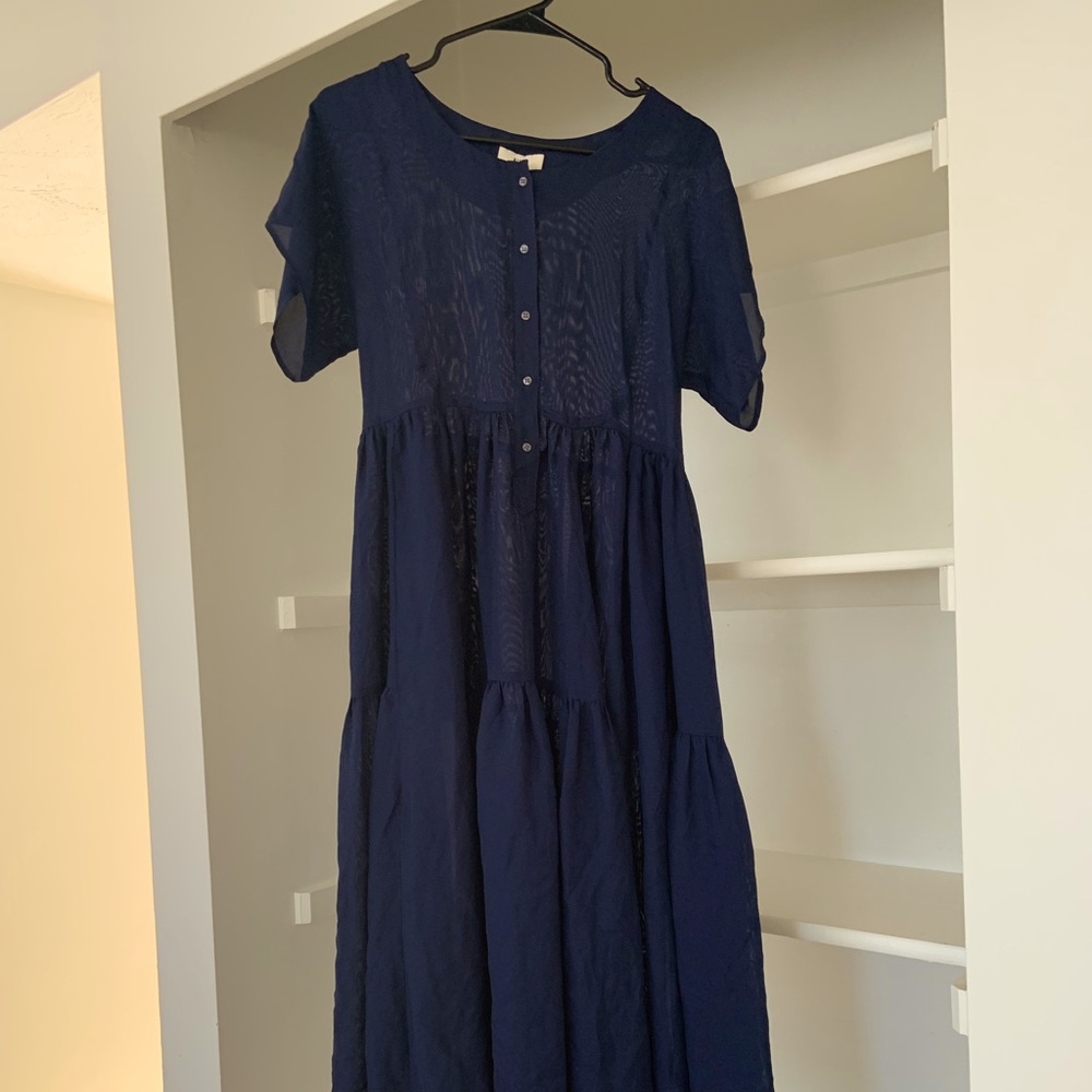 Maryam Nassir Zadeh 100% Silk Navy Blue tiered dress